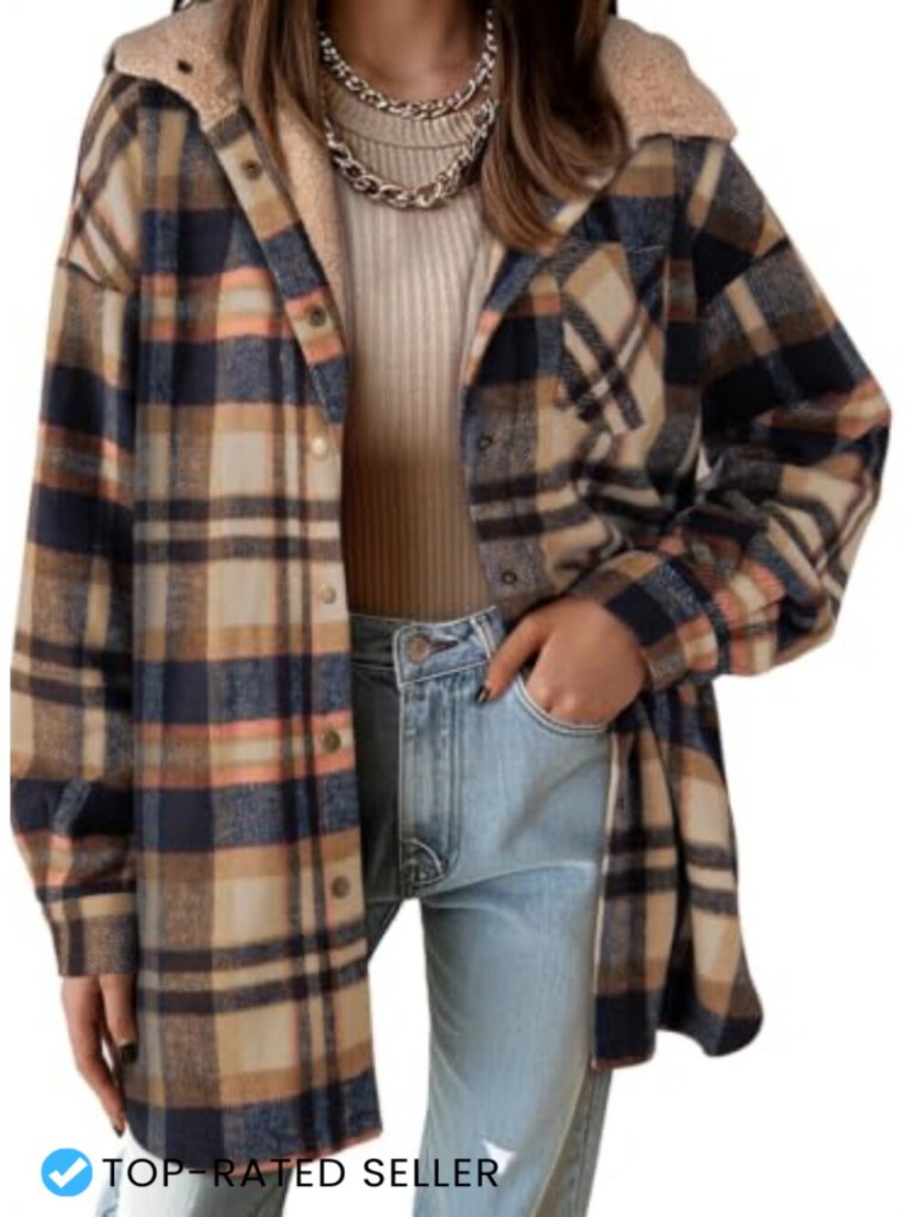 Women's Flannel Plaid Shacket Button Down Warm Fleece Jacket Coat